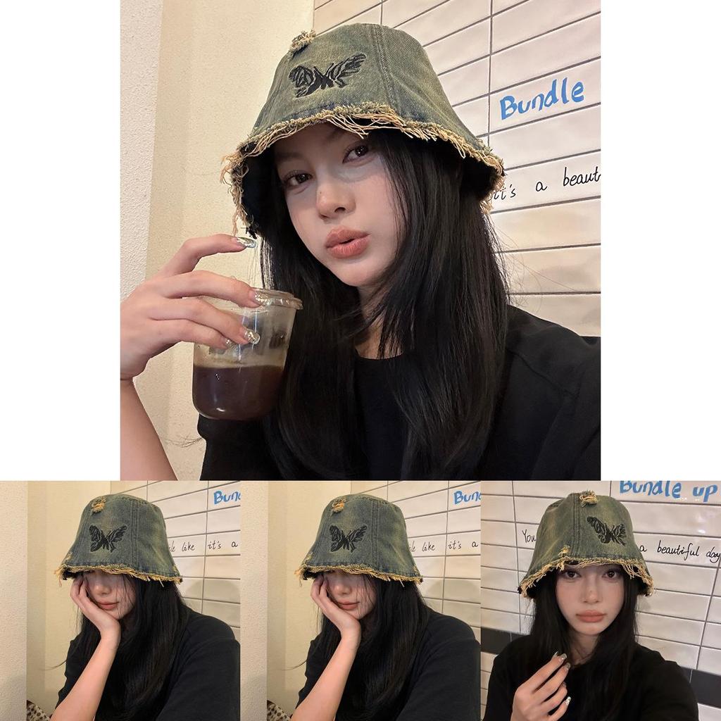 Trendy Retro Embroidery Denim Fisherman Hat For Adults With Chic Butterfly Design