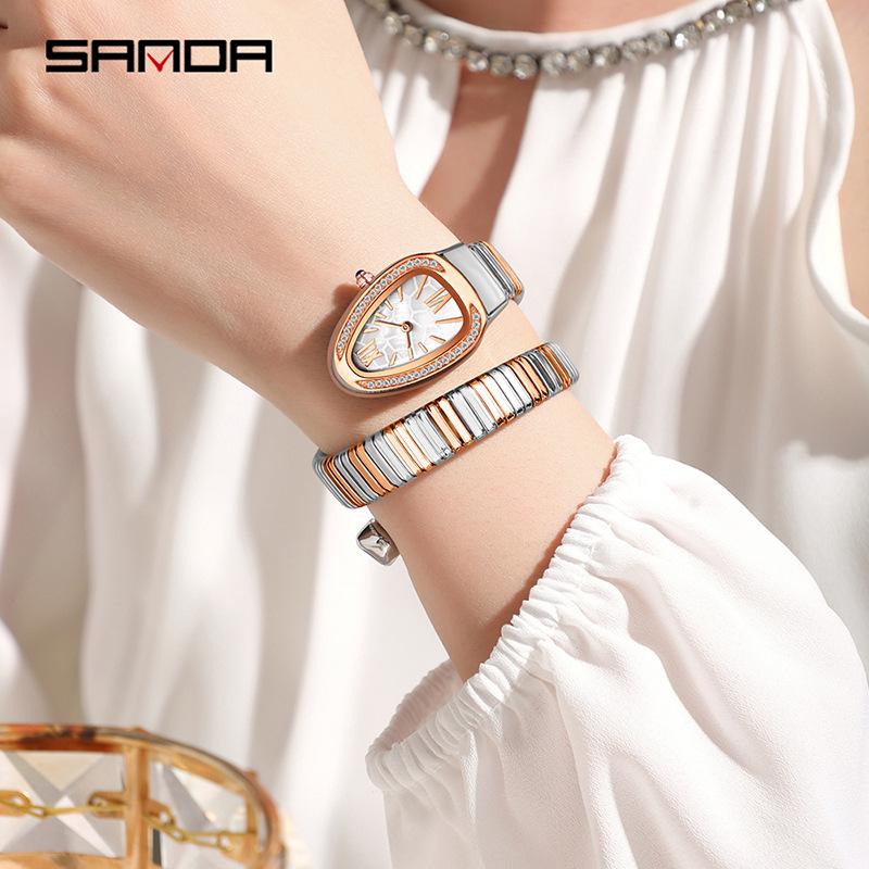 SANDA Women's Luxury Snake Head Bracelet Watch with Roman Mother-of-Pearl Dial, Diamond Accents, English Two-Hand, 30M Water Resistant.
