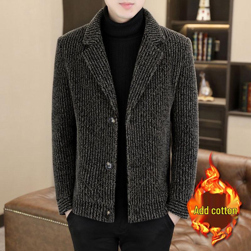 Men's Striped Mid-Length Overcoat Suit Collar Trench Coat, 2023 Autumn/Winter, Youth Plus Cotton, Thickened.