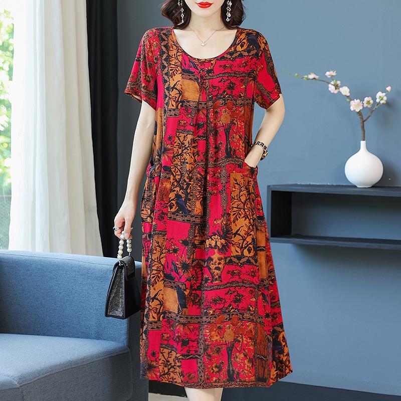 Plus Size Summer Woman Dress Vintage Short Sleeve Print Female Loose Casual Floral Dresses