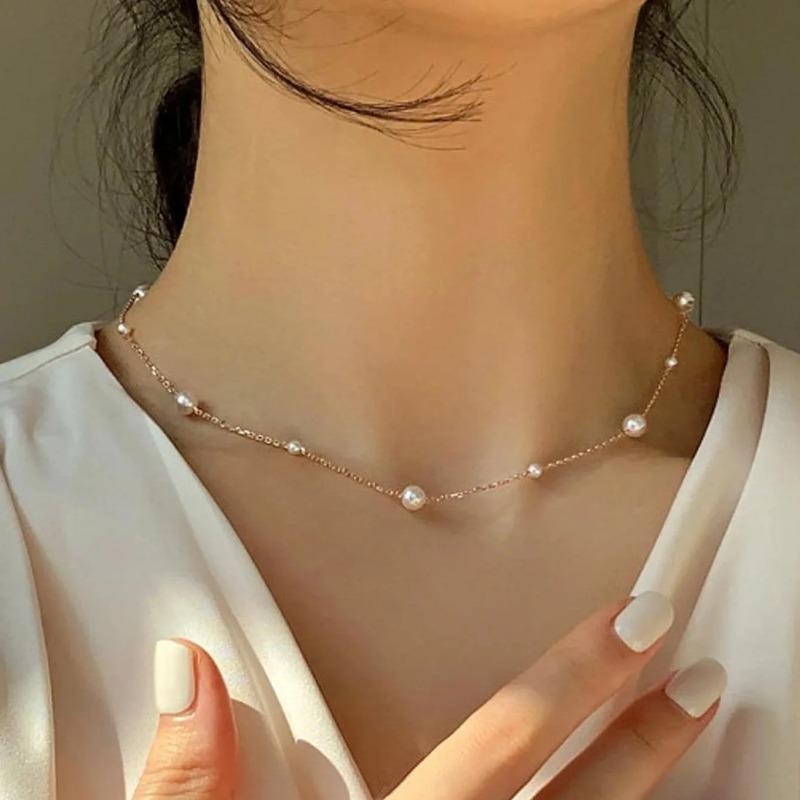 New Fashion Kpop Pearl Gold Color Goth Choker Necklace Cute Double Layer Beads Chain Pendant For Women Party Jewelry Girl Gift