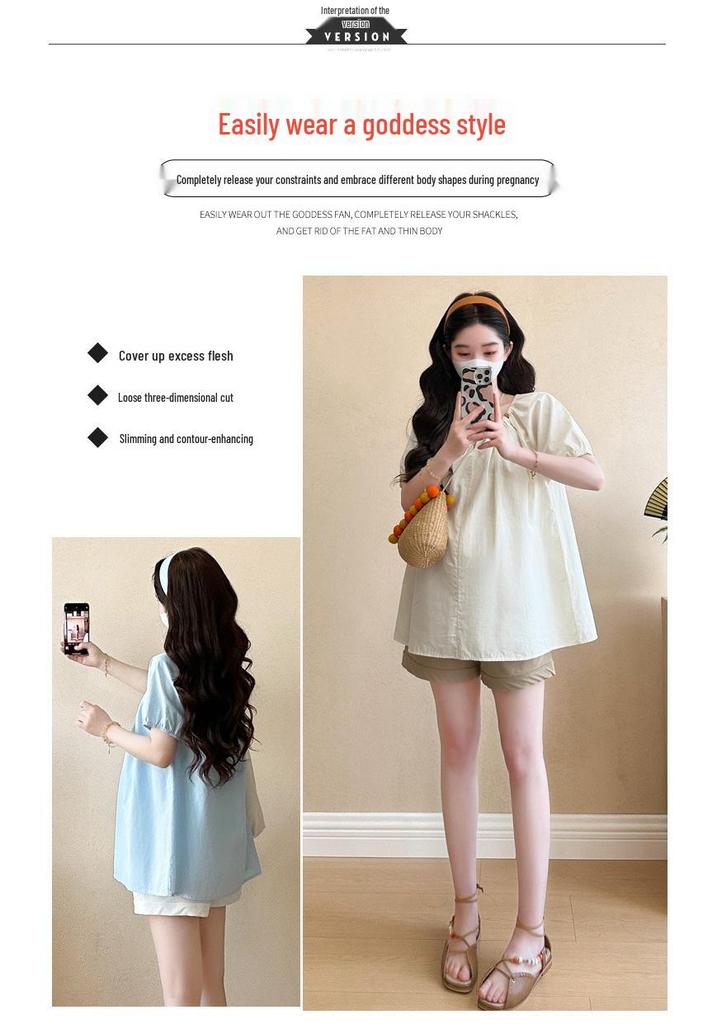 2026 Summer Maternity French Doll Shirt Top & Belly Support Shorts Set