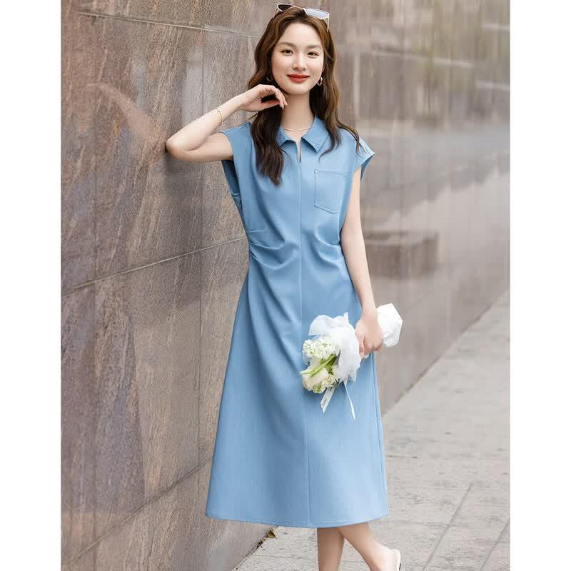 

Elegant Pleated Cap-Sleeve Midi Dress L