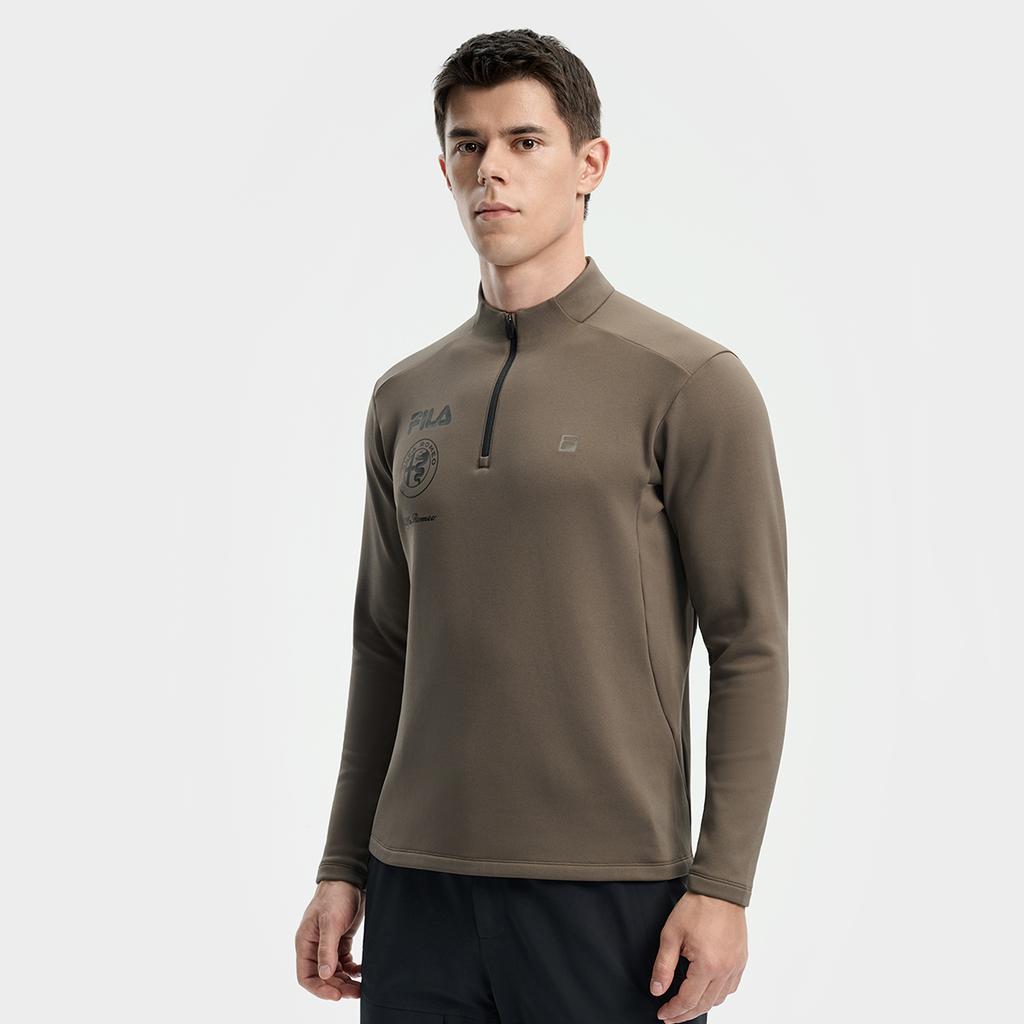 FILA Ski Series Fashionable Casual Sports Comfortable Fleece Warm Knitted Long Sleeve T-Shirt Men Tops Dark-Brown Gray A11M546204FBG