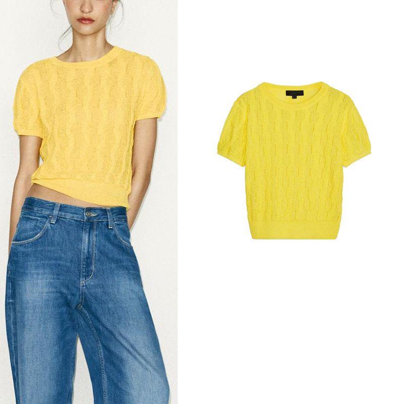 Summer New Product Women's Clothes American Style Preppy Style Minimalist Textured round Neck Short Sleeve Knitting Tops 4737007