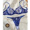 Sexy Fashion French Perspective Embroidery Blue Bra Underwear Women's Pure Desire Wind Mesh Seduction Underwear Set