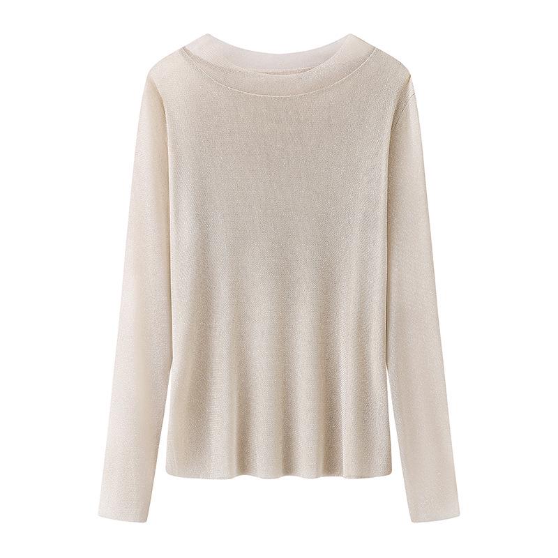 

Semi-High Neck Cutout Long Sleeve Slimming T-Shirt - Bright Silk INS Style, Versatile for Early Spring 2026 XL бежевий