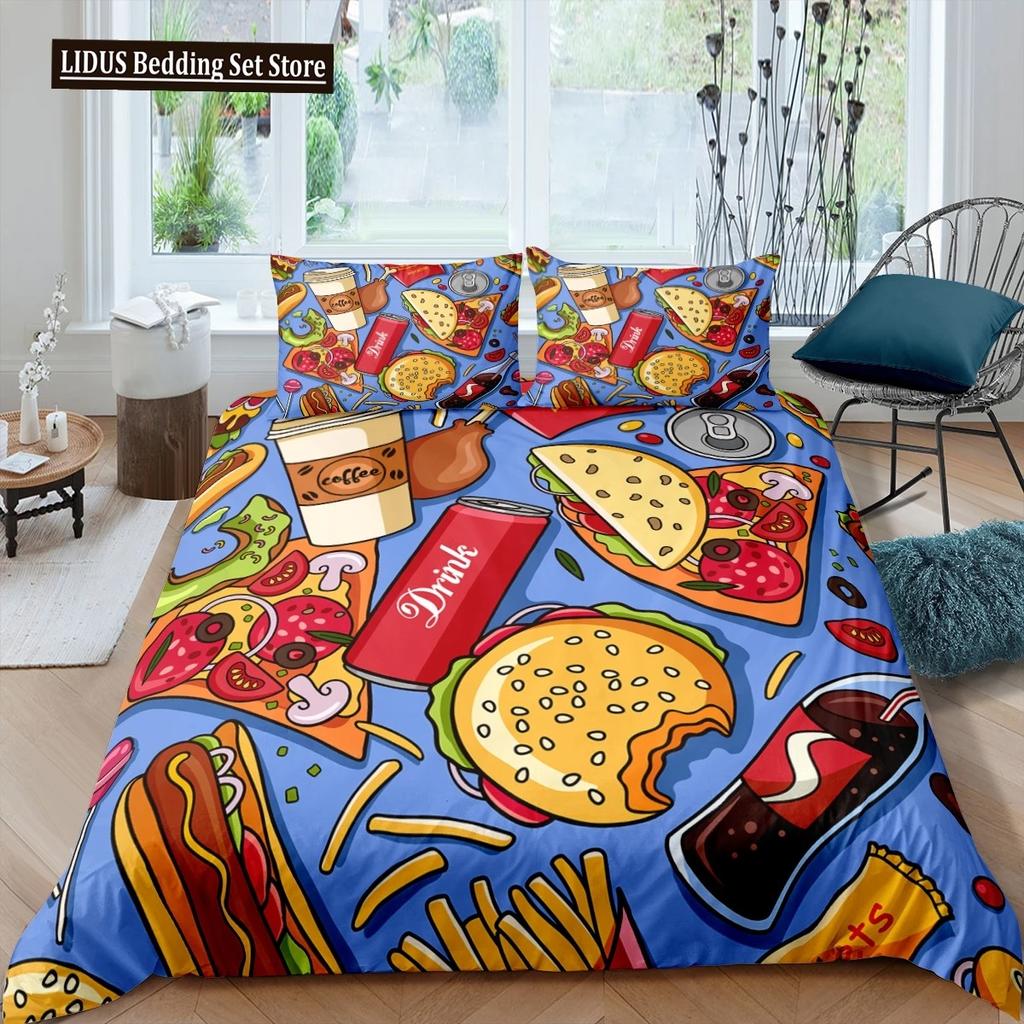 Amerikanisches Fast Food Bettbezug Set Doppelgröße Pizza Hotdog Bettdeckenbezug Hamburger Print Bettwäsche Set Pommes Quiltbezug