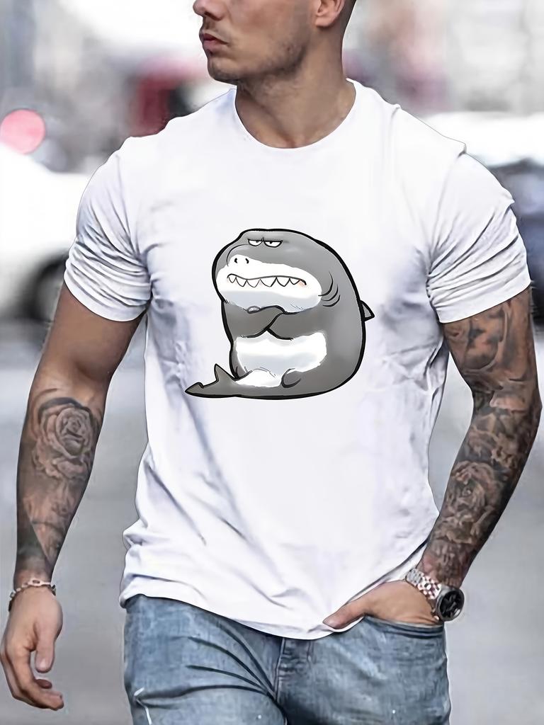 ZX Summer Angry Shark Pattern Printed Mens Creative Top Casual Short Sleeve Round Neck Tshirt Summer Outdoor Mens Wear