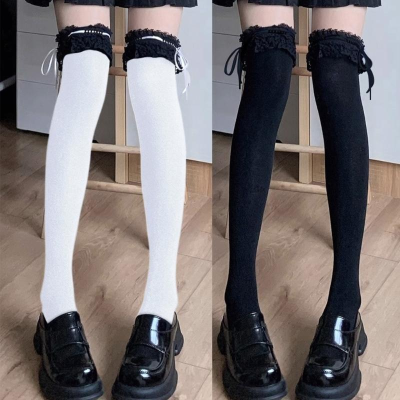2pcs Ballet Knee High Socks with Bows Lace Top Ruffle Calf Socks Calf Tube Socks