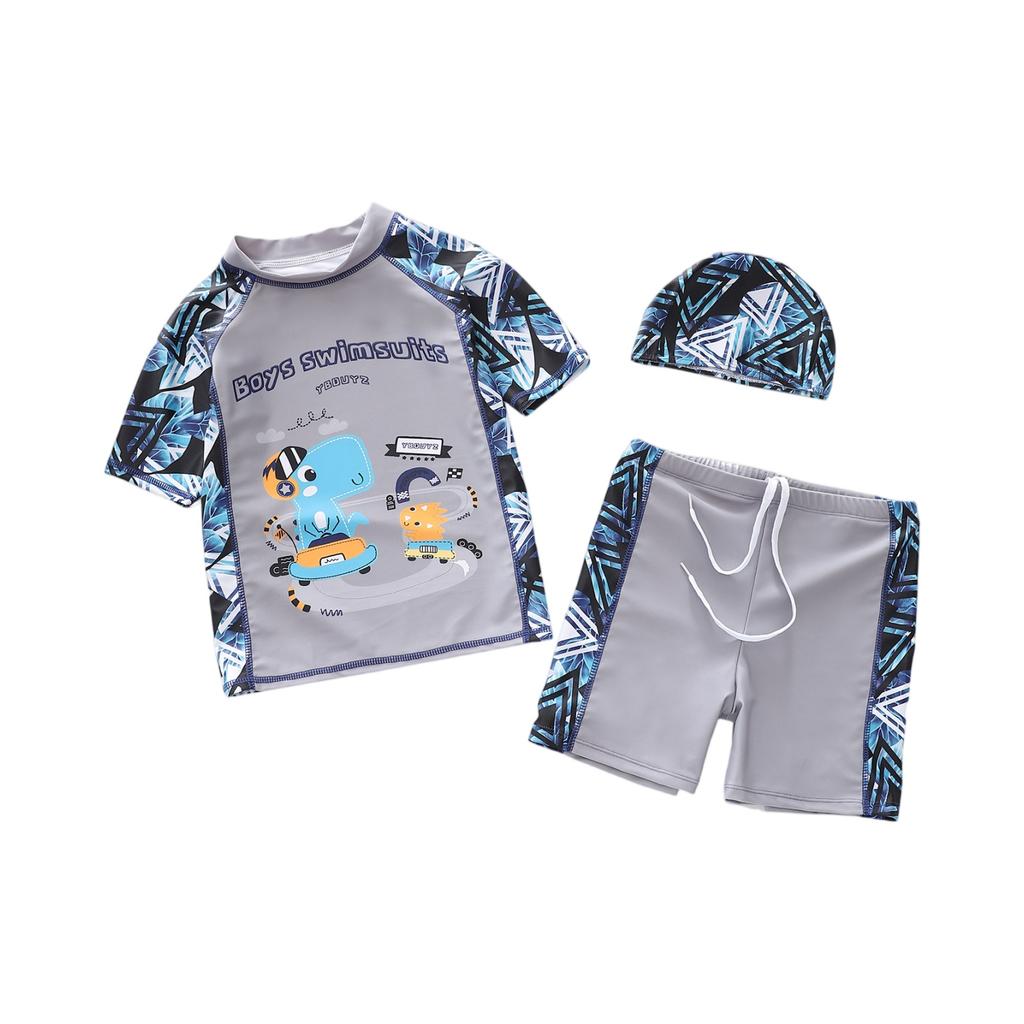 Boys Three Piece Swimsuit Set Short Sleeve Rash Guard Swim Shirt Swim Shorts and Swim Cap Cartoon Dinosaur Print Sun Protection Swimwear