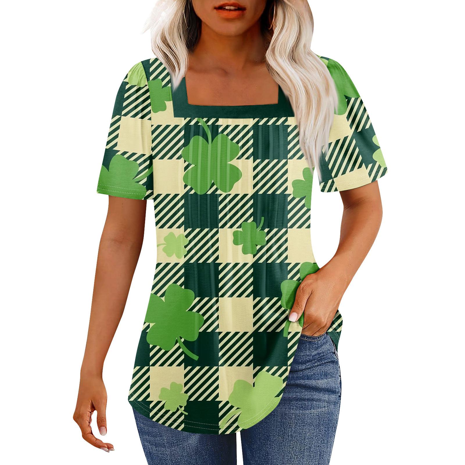

Футболки для женщин плиссированные квадратные вырезы нарядные повседневные блузки St. Летние топы с короткими рукавами и принтом ко Дню Святого Патрика, свободный крой L армия зеленый
