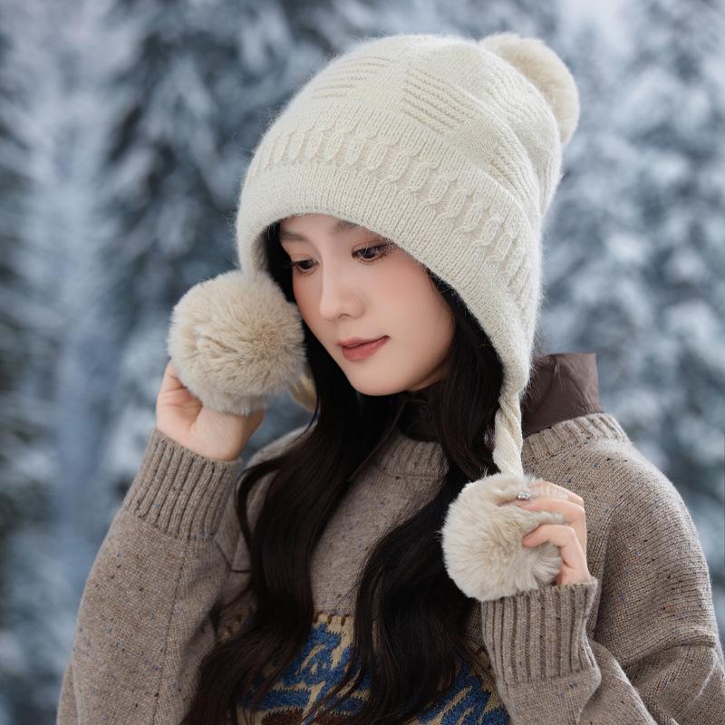 Sweet and Cute Triangle Striped Rabbit Fur Plus Velvet Warm Hat Autumn and Winter Fashion Casual Wool Hat Outdoor Cold Hat Korean