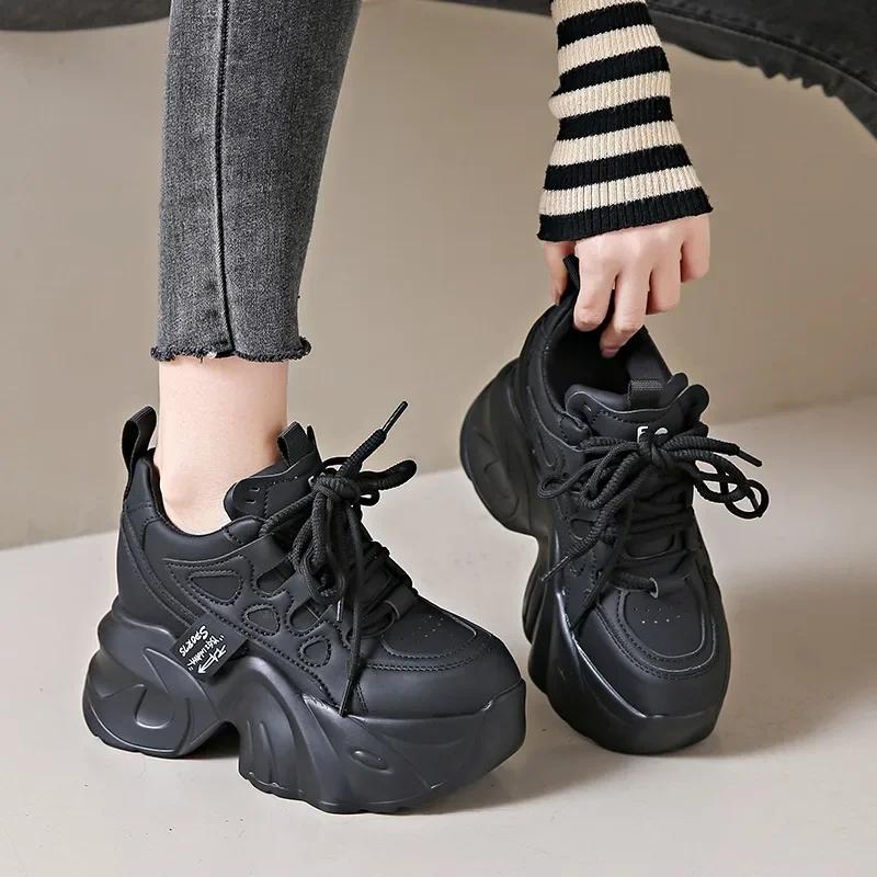 Fashion New Spring Autumn Non-slip Chunky Sneakers Women Lace-up High Platform Leather Sports Dad Shoes 7CM Heels Casual Shoes Woman