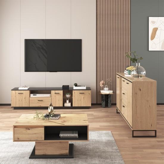 Kitchen Cabinet with Two Doors Three Drawers Wood Grain Metal Legs Wood Color Utility Pantry Dining Room