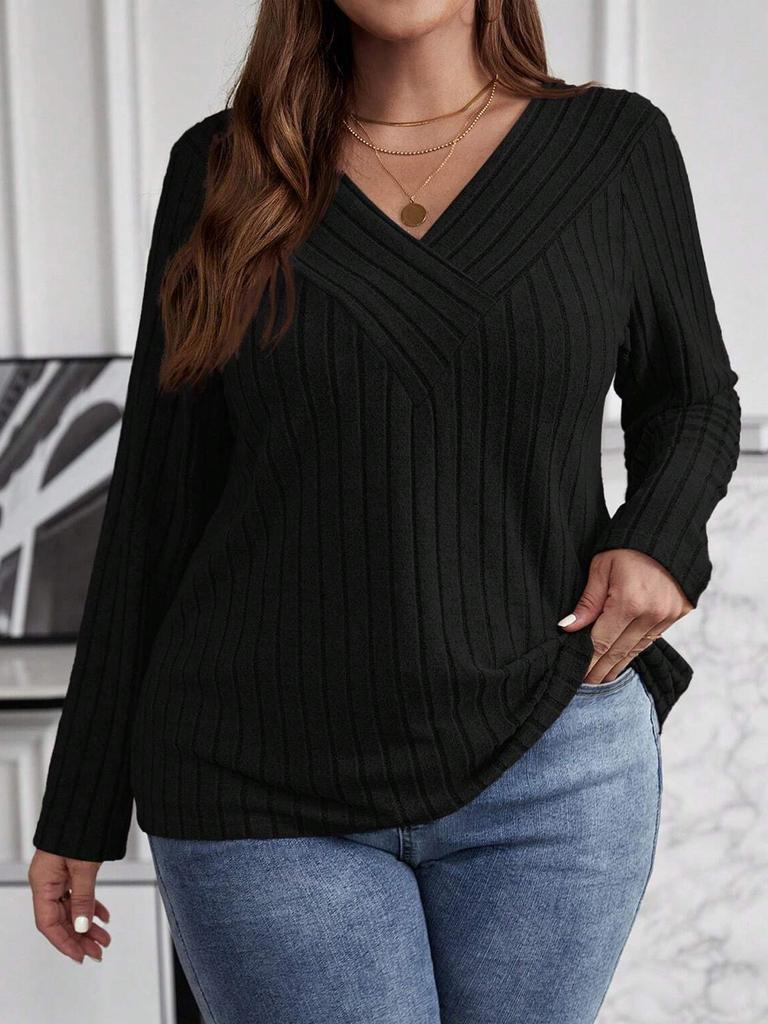 Plus Size Women Ribbed Knit Cross Wrap V Neck Long Sleeve Casual Loose Fit Pullover Sweater Top