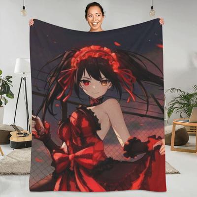 Couverture en flanelle Kurumi Tokisaki Manga, douce et de qualité, motif robe rouge, jeté de lit fantaisie pour pique-nique d'hiver, canapé ou lit.
