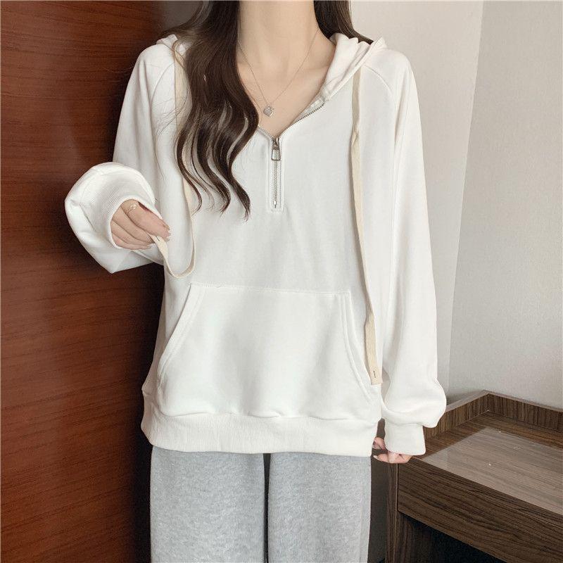 2025 Fall/Winter Women's Korean-Style Loose Half-Zip Hoodie with Slimming Velvet