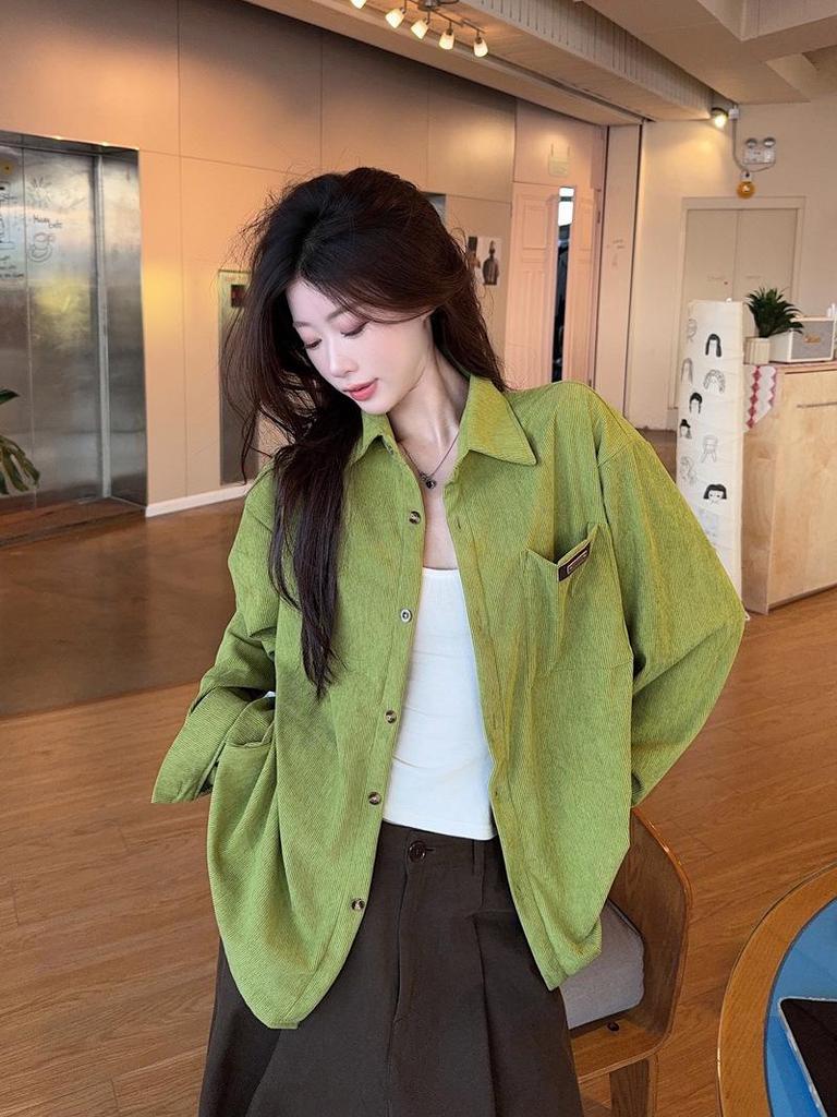 Women's Avocado Green Retro College Style Long-Sleeve Shirt – Spring 2026 Casual Layering Top
