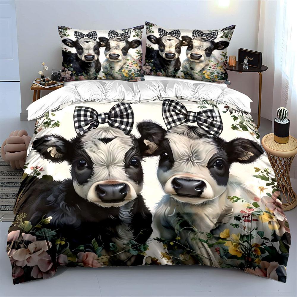 Cute Twin Calves With Floral Bows Printed Duvet Cover Set1 Duvet Cover+2 Pillowcasemulti Size Bedroom Bedding Decor