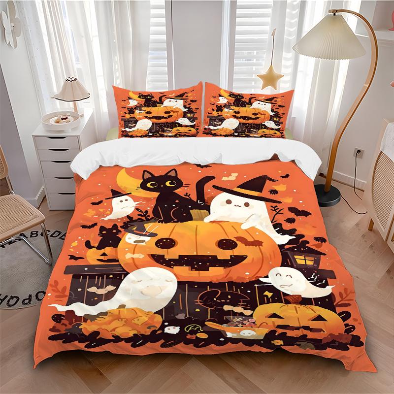 3pcs Cats & Ghosts & Pumpkins Halloween Quilt Cover Set (1 Quilt Cover + 2 Pillowcases Without Pillow Core), High-Definition Printing for Home an