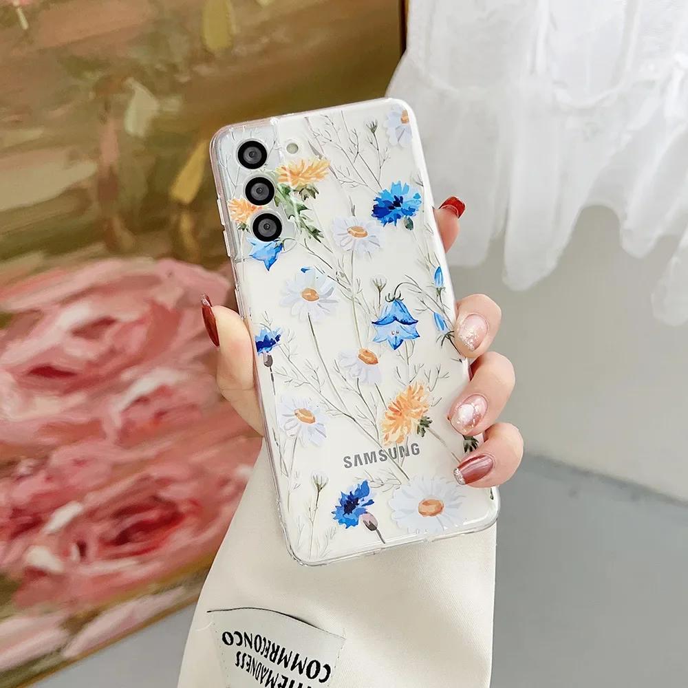 Süße handbemalte Handyhülle mit Blumen für Samsung S25 S24 S22 S21 FE Ultra Klare Silikonhüllen für Samsung Galaxy S23 Plus Ultra Hülle