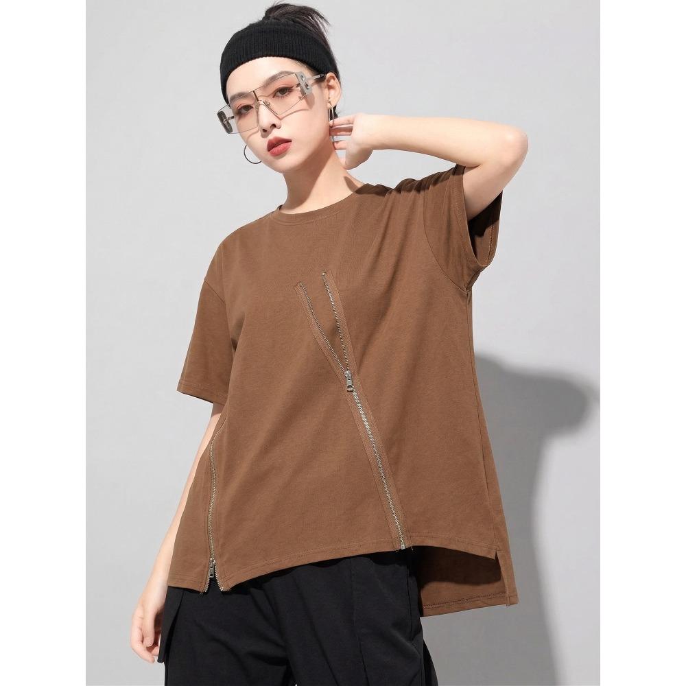 DIMANAF Women 2026 T-Shirt Zipper Female Solid O-Neck Cotton Loose Short Sleeve Tops&Tees