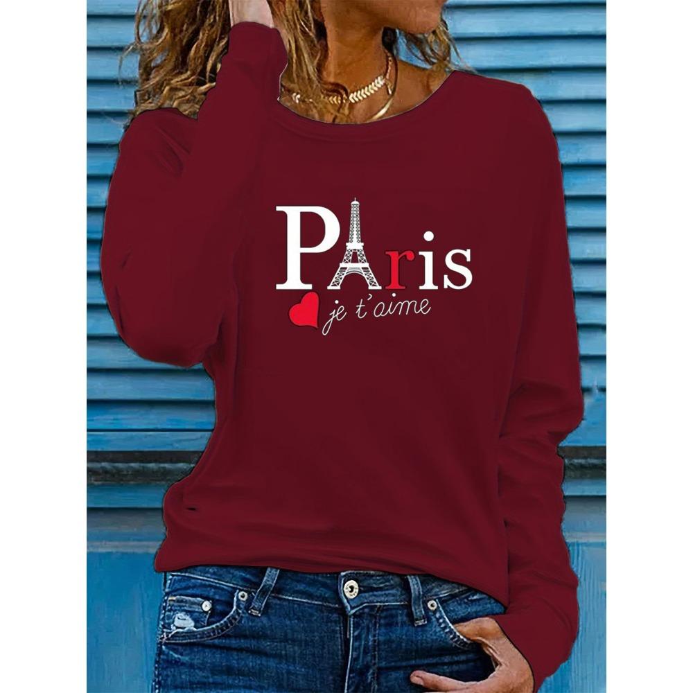 Women's Spring and Autumn Fashion Comfortable Long Sleeve Paris Eiffel Tower Pattern Printed Round Neck T-shirt