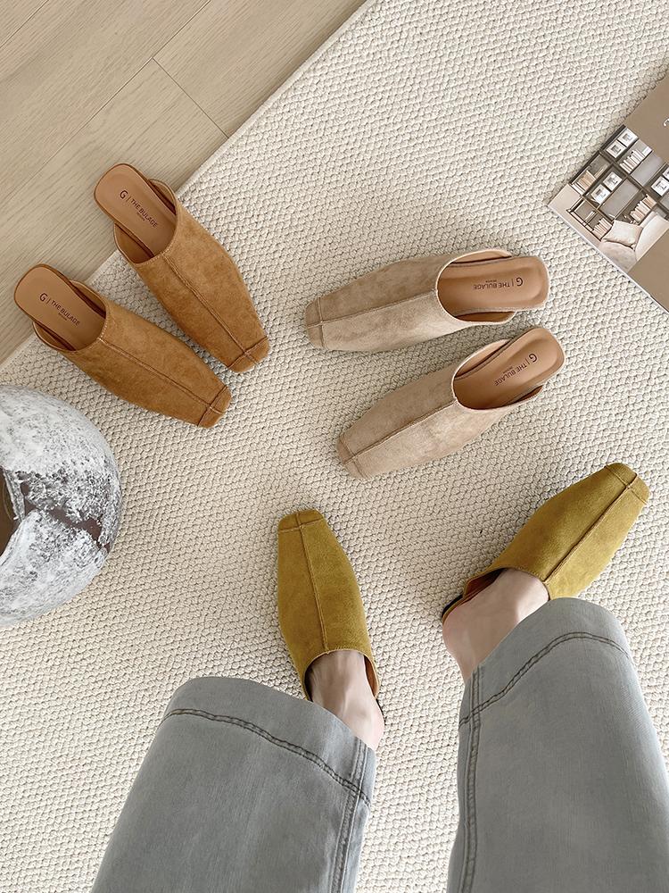 Outwear Square Toe Mules Daily Shoes For Women Retro Flats Slip On French Style Half Slippers Comfort Slides Soft Footbed Suede