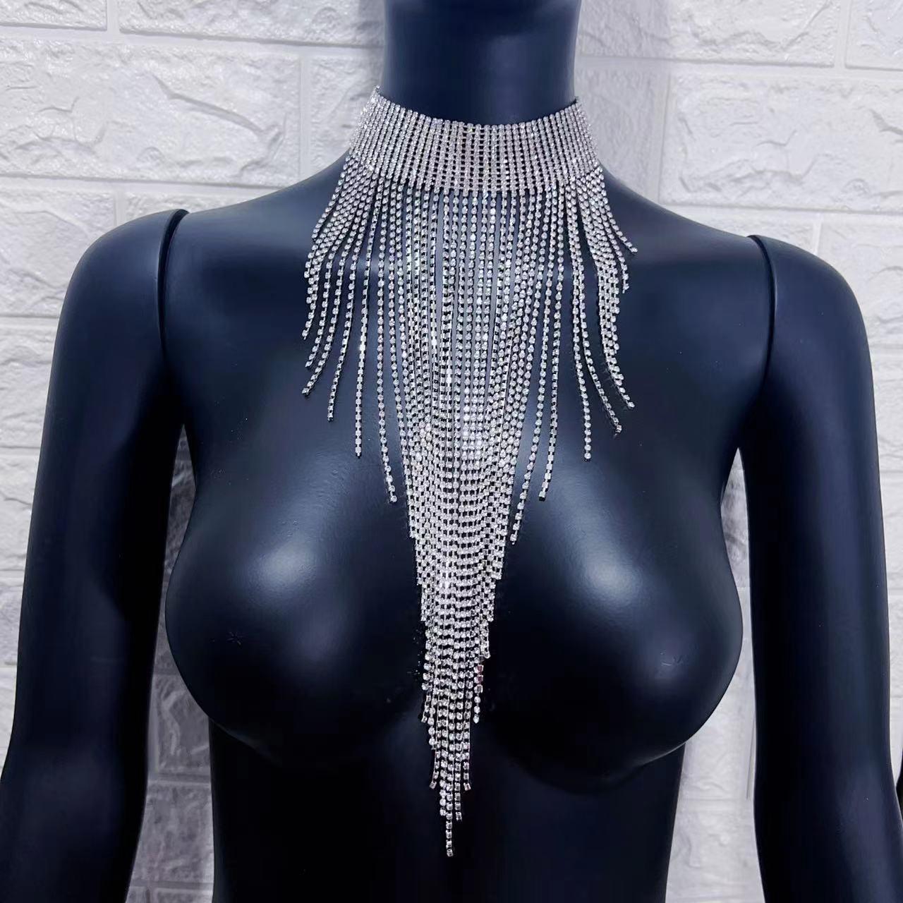 

Изысканный европейский и американский чокер с кисточками и бриллиантами на ключицу - Женский модный аксессуар для ночного клуба серебряный