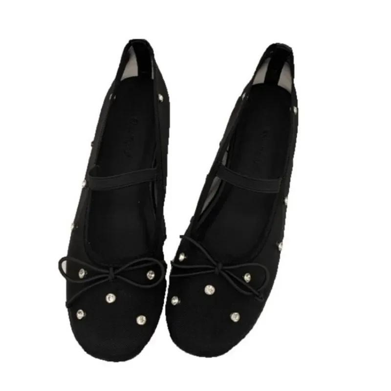2025 Fashion New Mesh Upper Round Head Bow Tie Shoes for Women One Kick Outdoor Daily Commute Rhinestones Women's Flats
