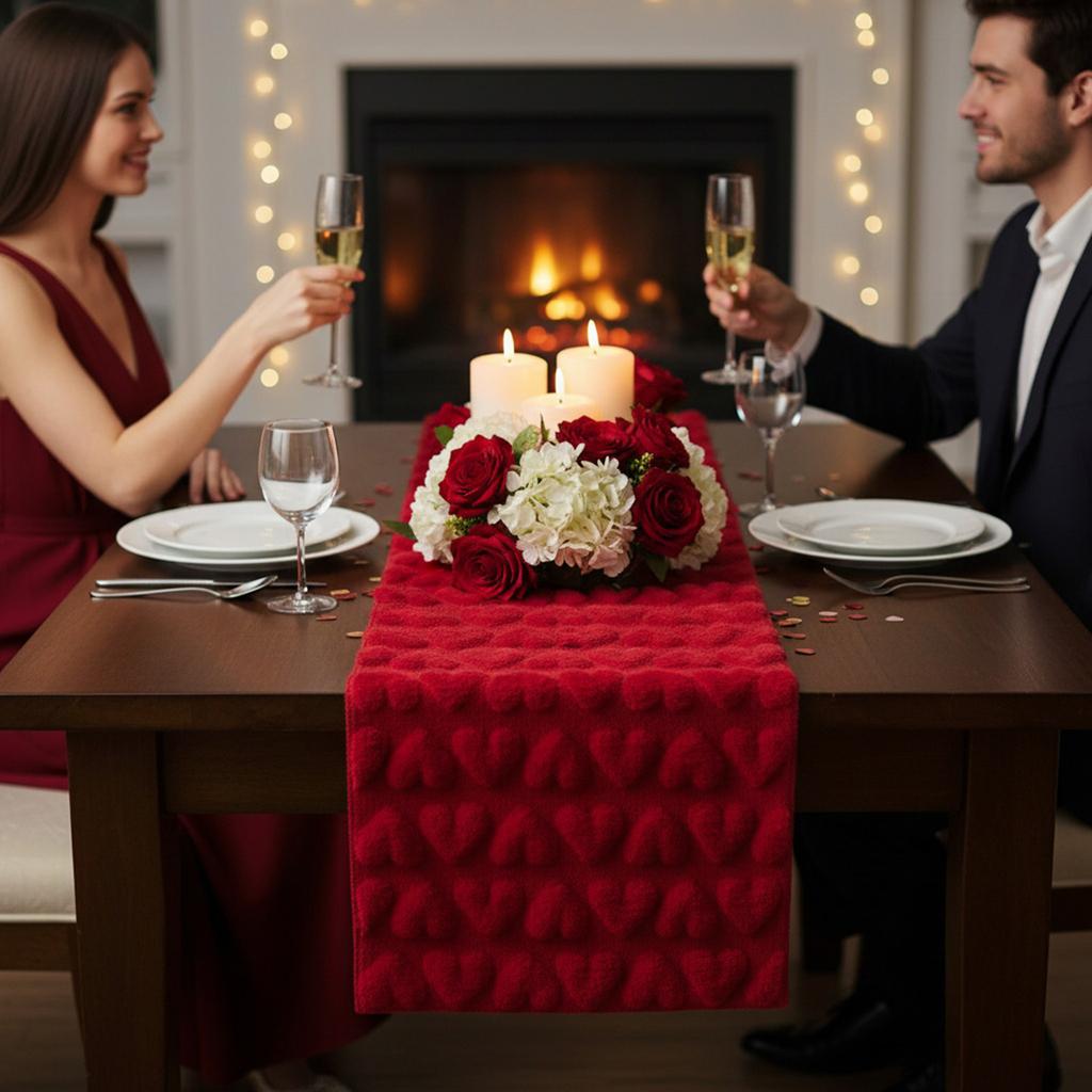 Soft Plush Faux Fur Jacquard Heart Table Runner 72.05x12.99 Inch Flannel Table Runner for Kitchen Home Decoration