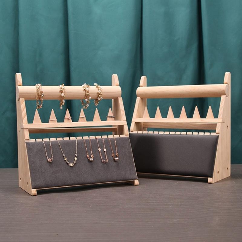 Elegant Wood Rings Holder Necklace Display Stand Fashionable Jewelry Display Rack Wood Texture for Jewelry Organization
