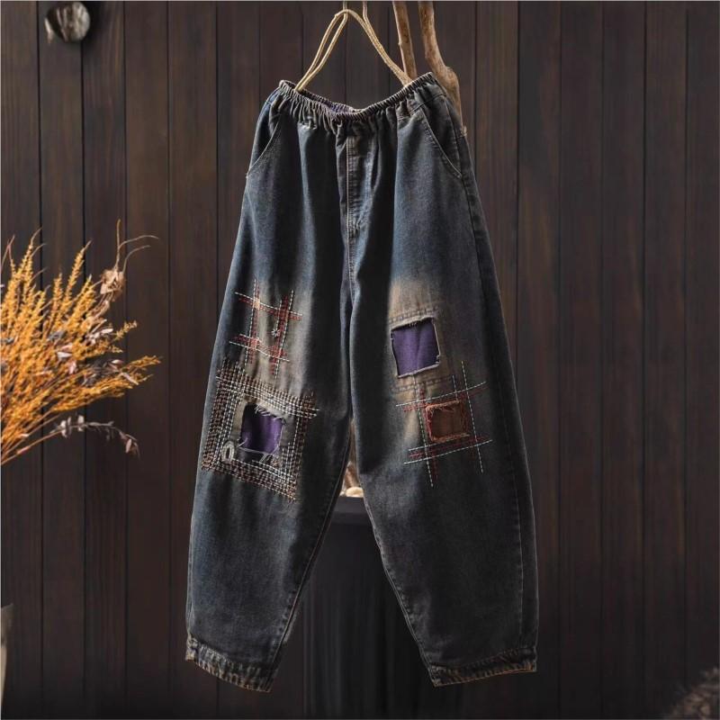 

Johnature Women Vintage Harem Pants Elastic Waist Patchwork Embroidery Trousers Autumn Pockets Pants XL джинсовый синий