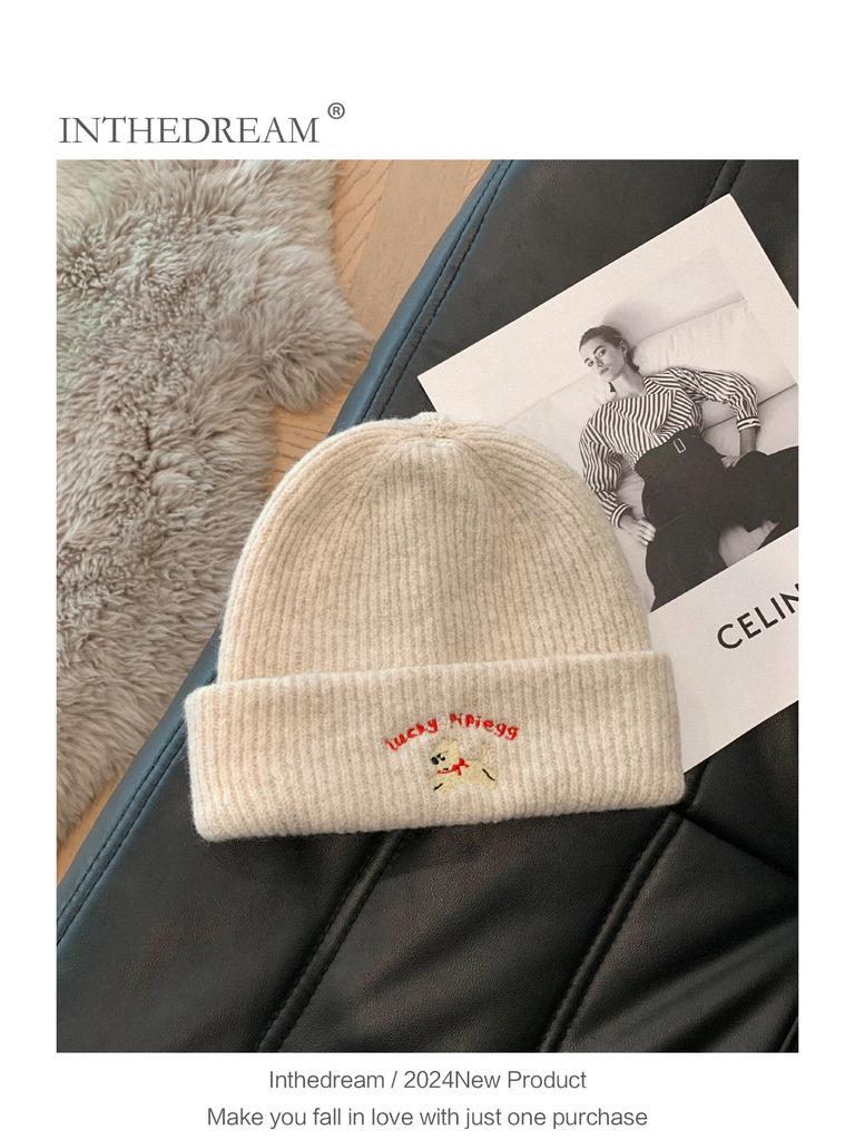 Cute puppy embroidered knitted hat female 2025 season wool hat showing small face big head circumference cold hat white