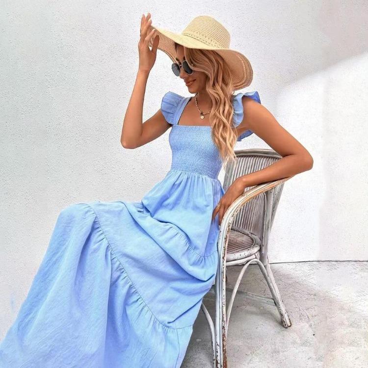 Lässiges A-Linien-Kleid Damen Einfarbig Ärmellos Hohe Taille Knöchellang Eckiger Ausschnitt Herbst Winter