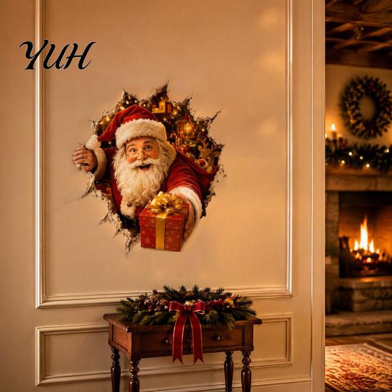 Holiday Wall Stickers Christmas Break-In 3D Decal, Santa Claus/Deer/Snowman/Elf/Dog/Nutcracker/Gingerbread Man Patterns Window Festive Home Decoration