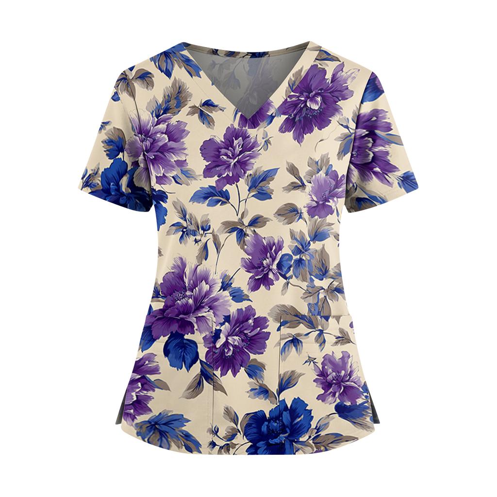 Women's floral print V-neck double pocket short-sleeved uniform/caregiver top with slits at the hem
