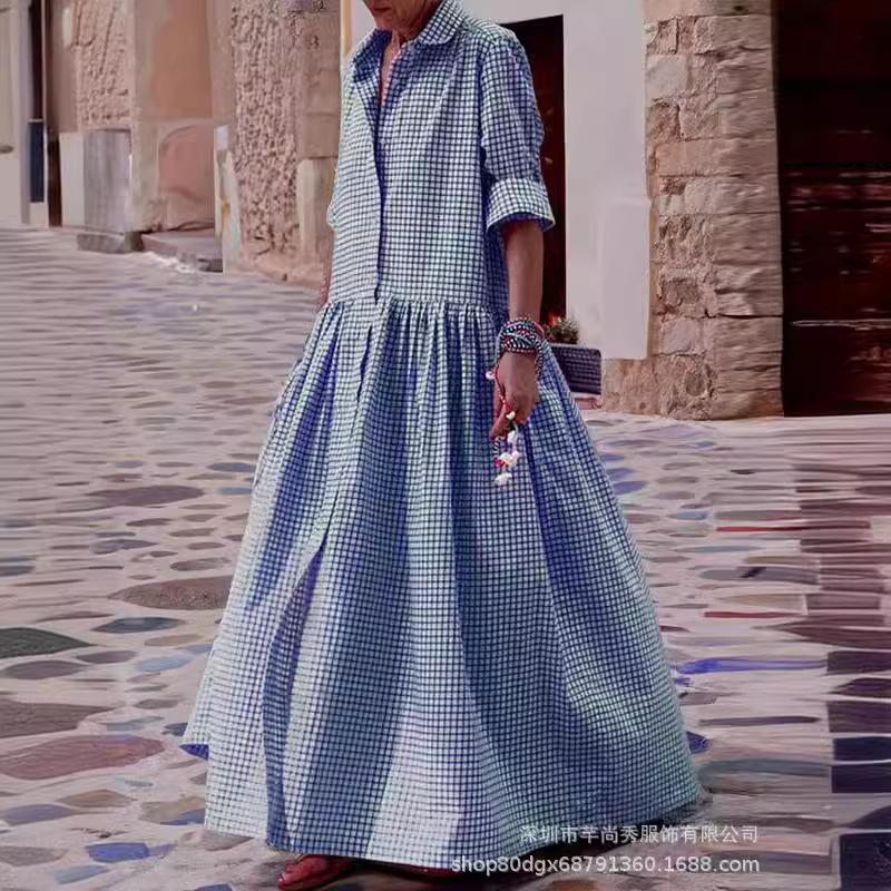 Women's Plaid Midi Dress with Ruffled Waist, Notched Collar and 3/4 Sleeves in Pink, Blue, Gray