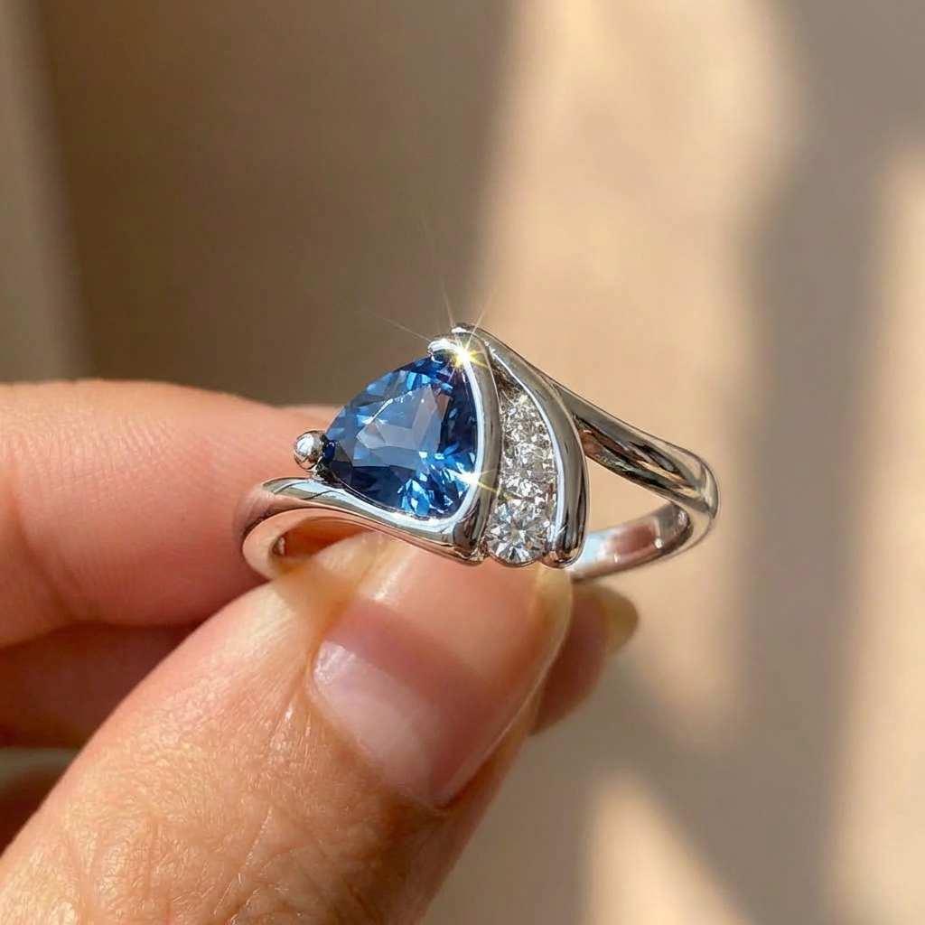 925 Sterling Copper Temperament Design Cubic Zircon Blue Triangle Rings for Women Engagement Wedding Rings Fashion Zircon
