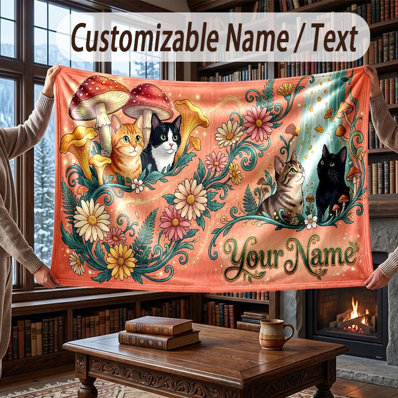 Cat Theme Throw Blanket Custom Name Text Personalized Blanket Soft Cozy Blanket for Home Sofa Bed