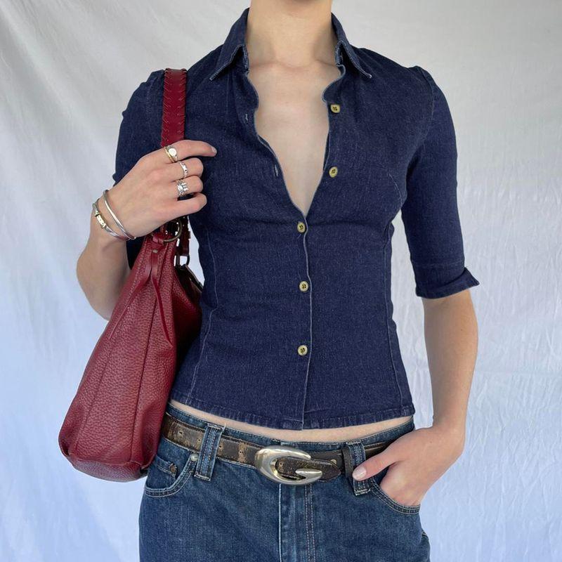 

H Home European and American Women s Clothing American Retro Ol Temperament Waist-Controlled Raw Wash Shirt Women s Lapel Breasted Half Sleeve Tops Dark blue S