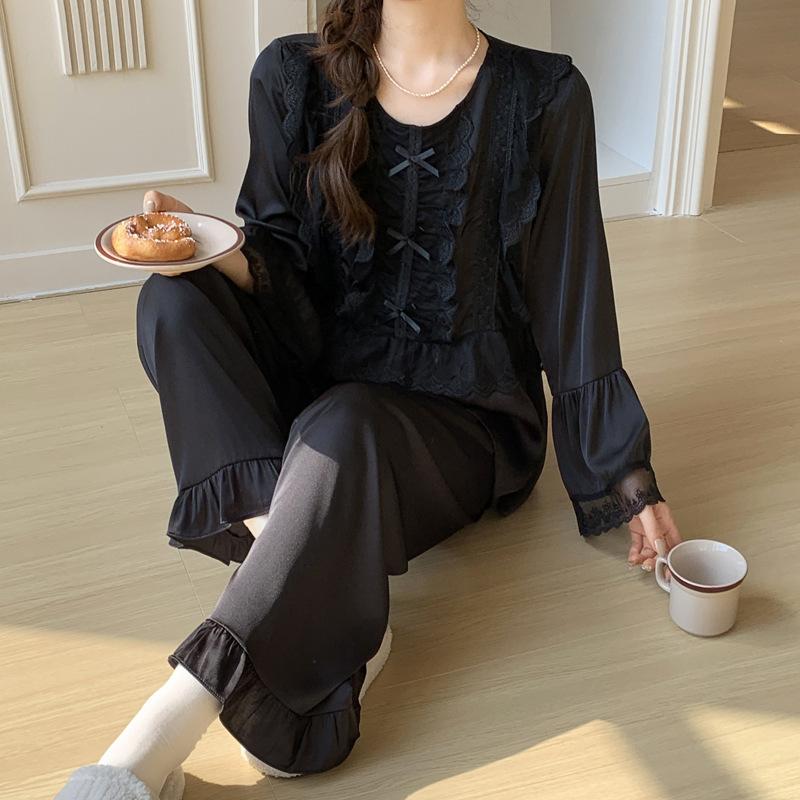 Ice silk pajamas women's spring and summer new lace long-sleeved trousers silk suit thin can be worn outside the Korean version of the court style