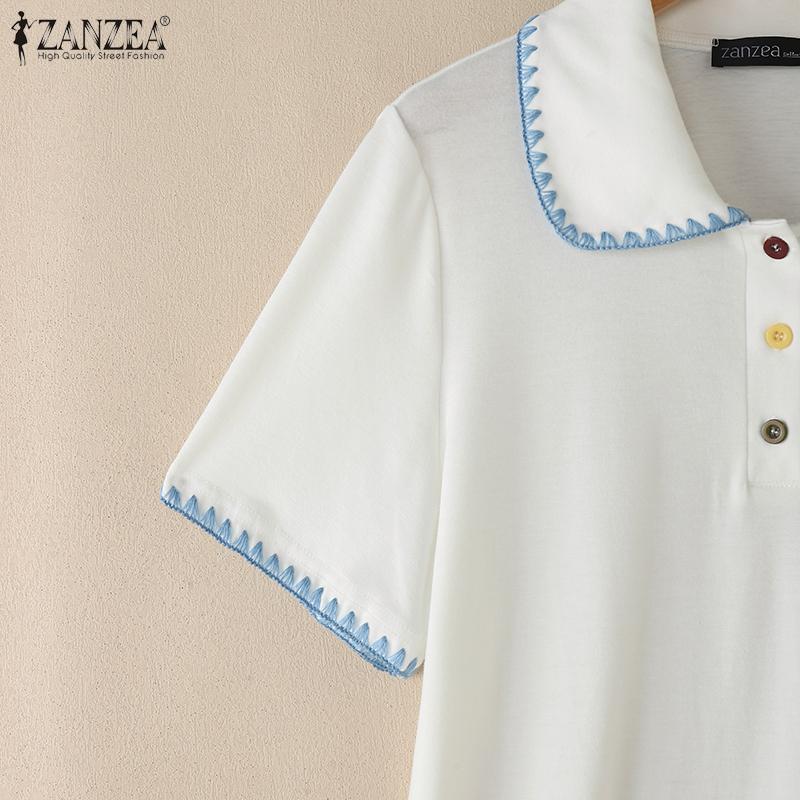 ZANZEA Women Lapel Neck Short Sleeve Stitching Embroidery Casual Tops Blouse