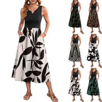 Women's Floral Print High Waist Fashionable And Elegant Sleeveless Dress