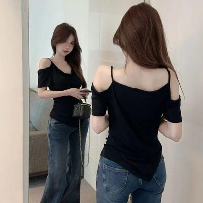 Slank en Slank en Eenvoudig Off-shoulder Onregelmatig Temperament Sexy Zwart Kortmouwig T-shirt Zomer Ontwerp Top