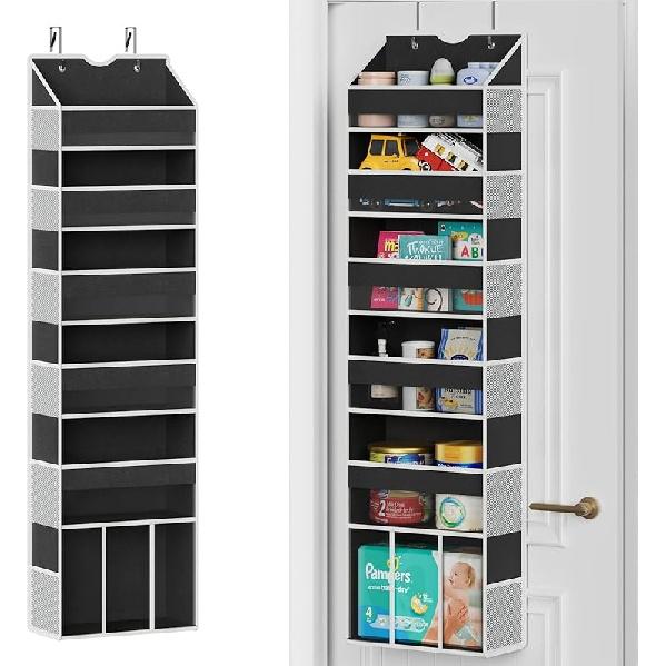 Over The Door Organizer Hanging - 6 Shelf Over Door Organizers with 6 Clear Front & 12 Side Pockets - Swing-proof 50LB Load Behind Door Storage for