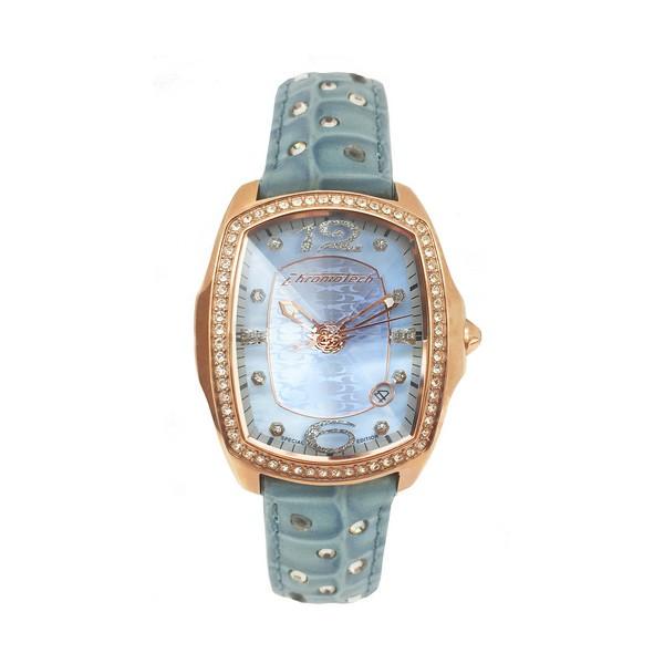 Montre Femme Chronotech En Rose - Boîtier Acier, Bracelet Cuir Blanc - Mouvement Japonais - Vente Dégagement