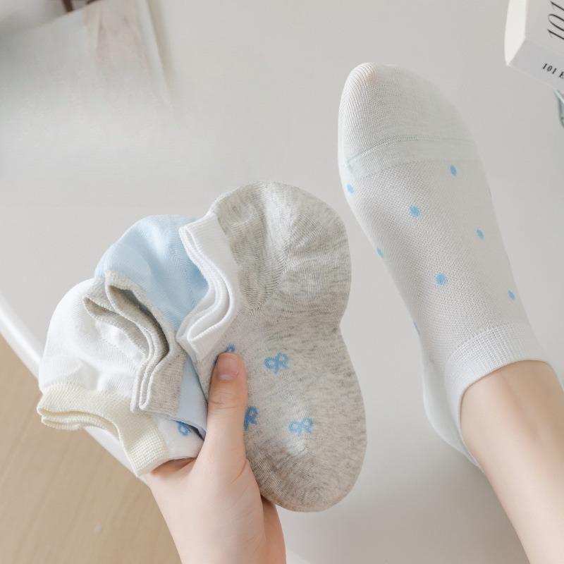 Bowknot Socks, Women's Polka Dot Short Socks, Women's Solid Color Summer Thin Breathable White Short Socks, Summer