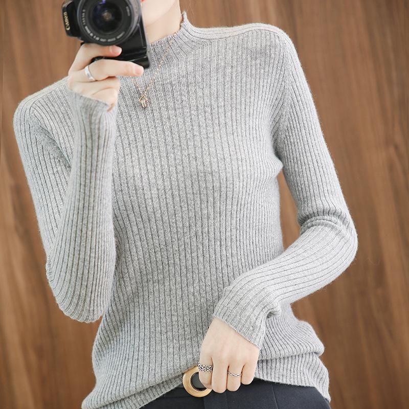 New Autumn and Winter Tight-fitting Slim Sweater Half Turtleneck Bottoming Shirt Women's Short Pullover Sweater Solid Color